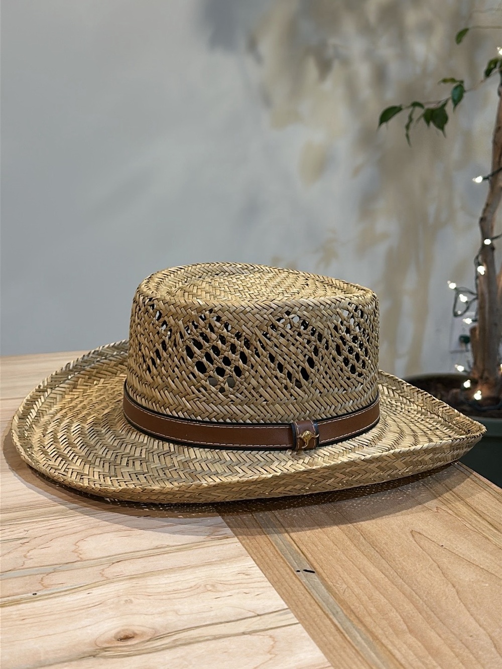100% Natural Straw Fedora Hat with Brown Leather Band Kangaroo